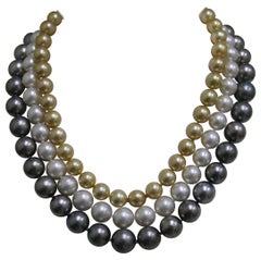Handcraft Clasp 18 Karat White Gold Ruby Diamonds Pearls Multi-Strand Necklace