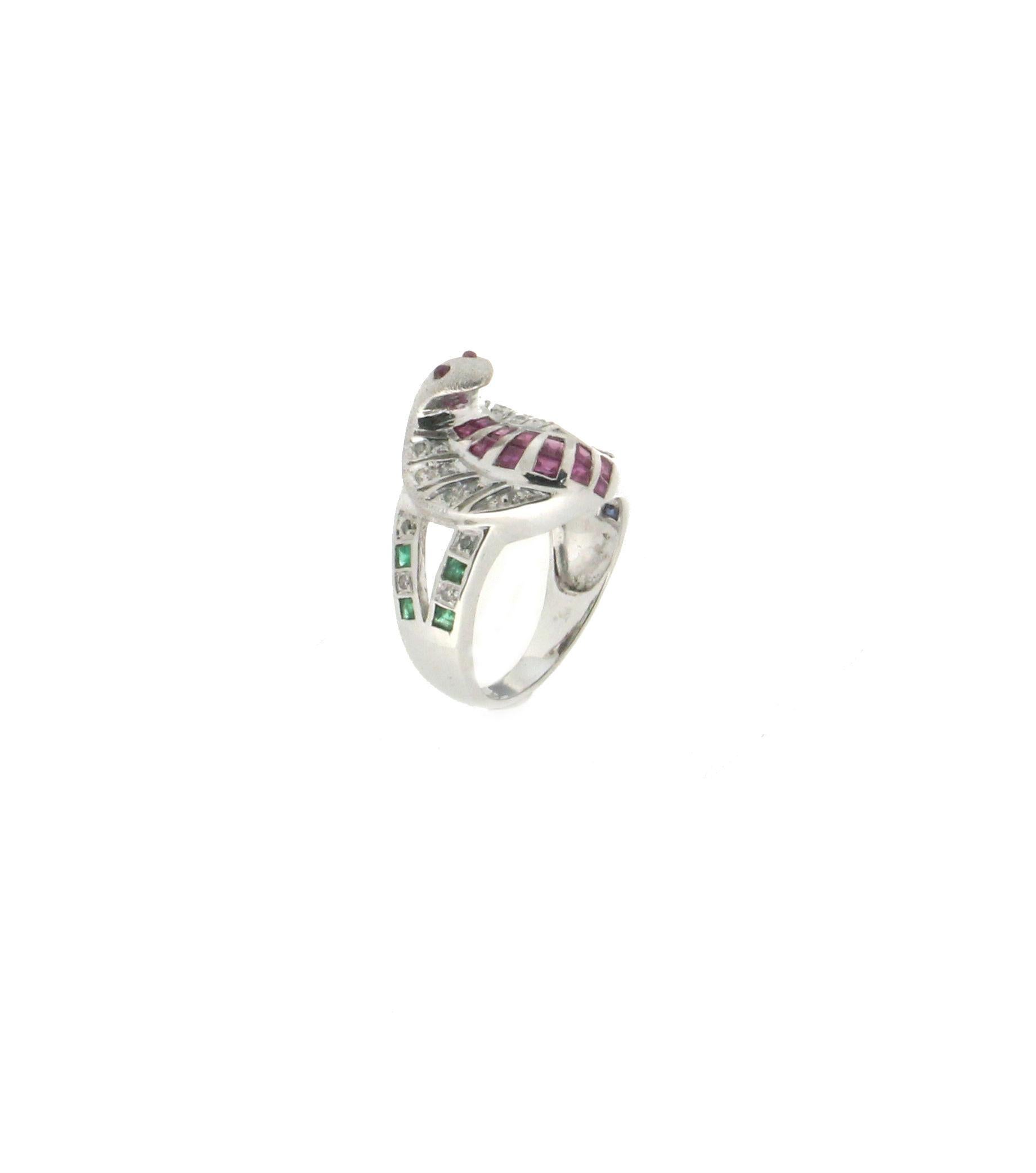Artisan Handcraft Cobra 18 Karat White Gold Diamonds Ruby Sapphire Emerald Cocktail Ring