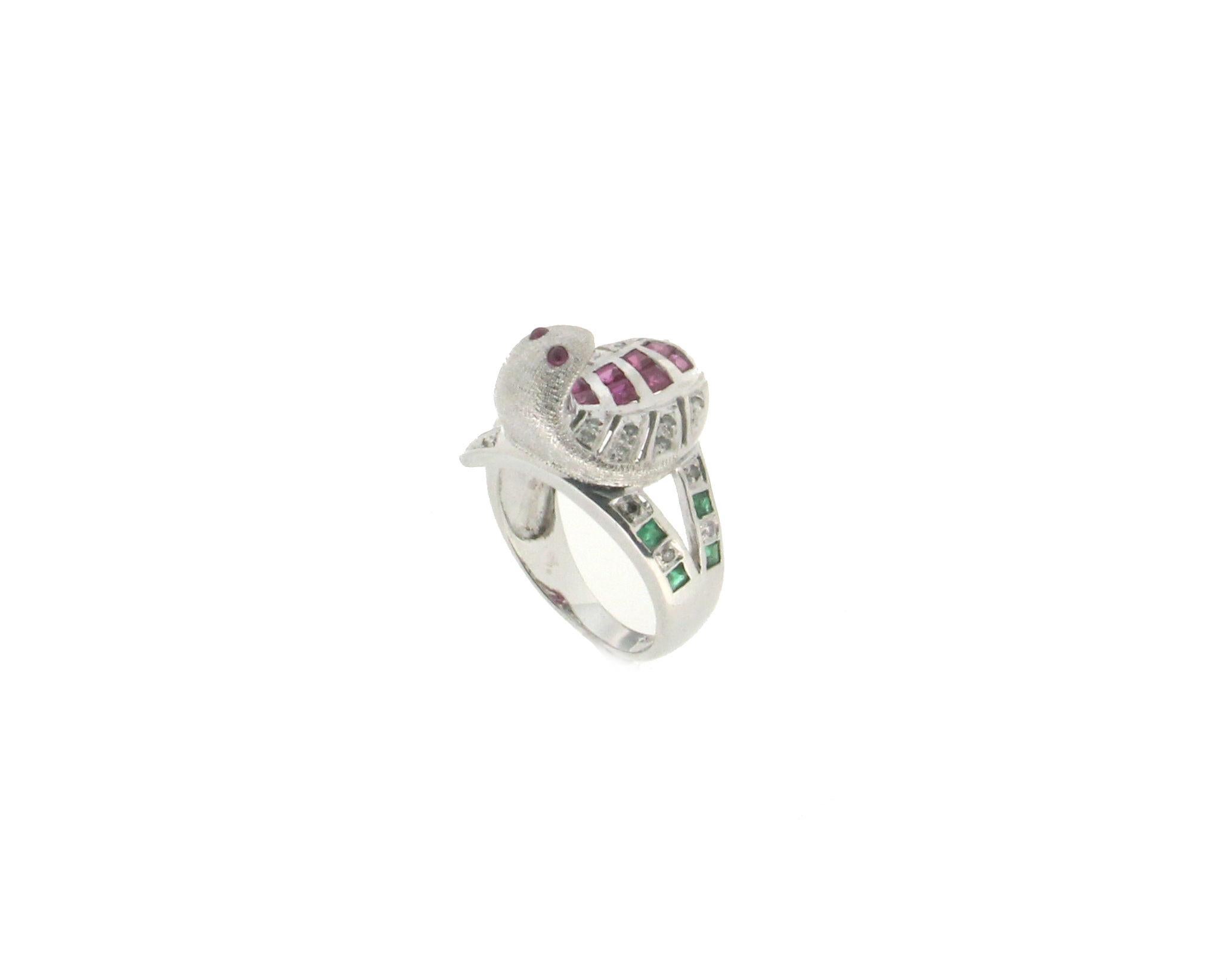 Square Cut Handcraft Cobra 18 Karat White Gold Diamonds Ruby Sapphire Emerald Cocktail Ring
