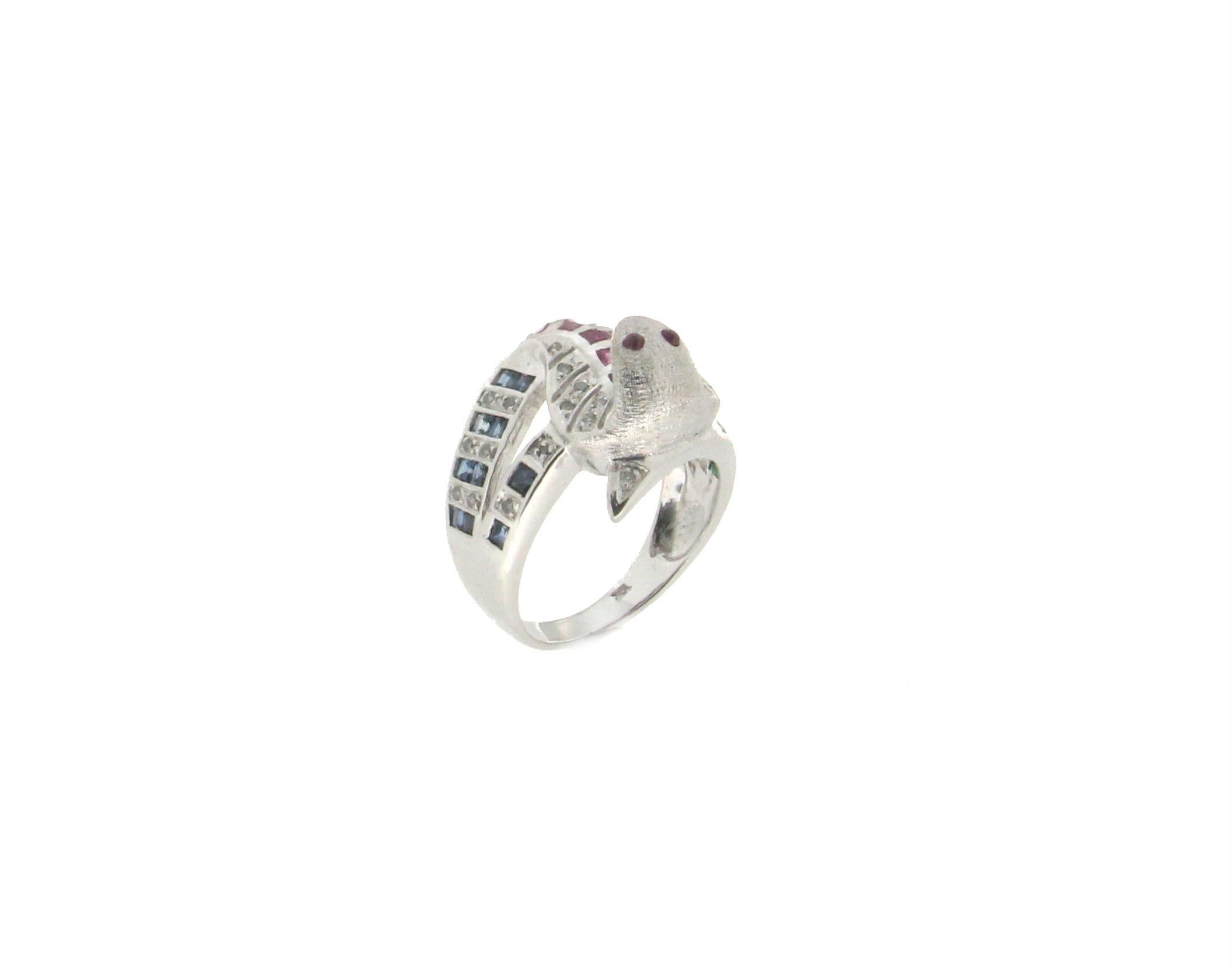 Women's or Men's Handcraft Cobra 18 Karat White Gold Diamonds Ruby Sapphire Emerald Cocktail Ring