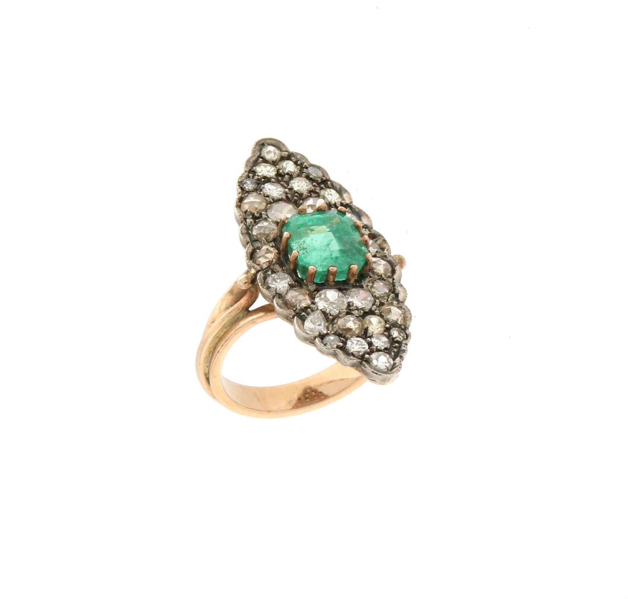 Artisan Handcraft Colombian Emerald 14 Karat Yellow Gold Old Diamonds Cocktail Ring For Sale