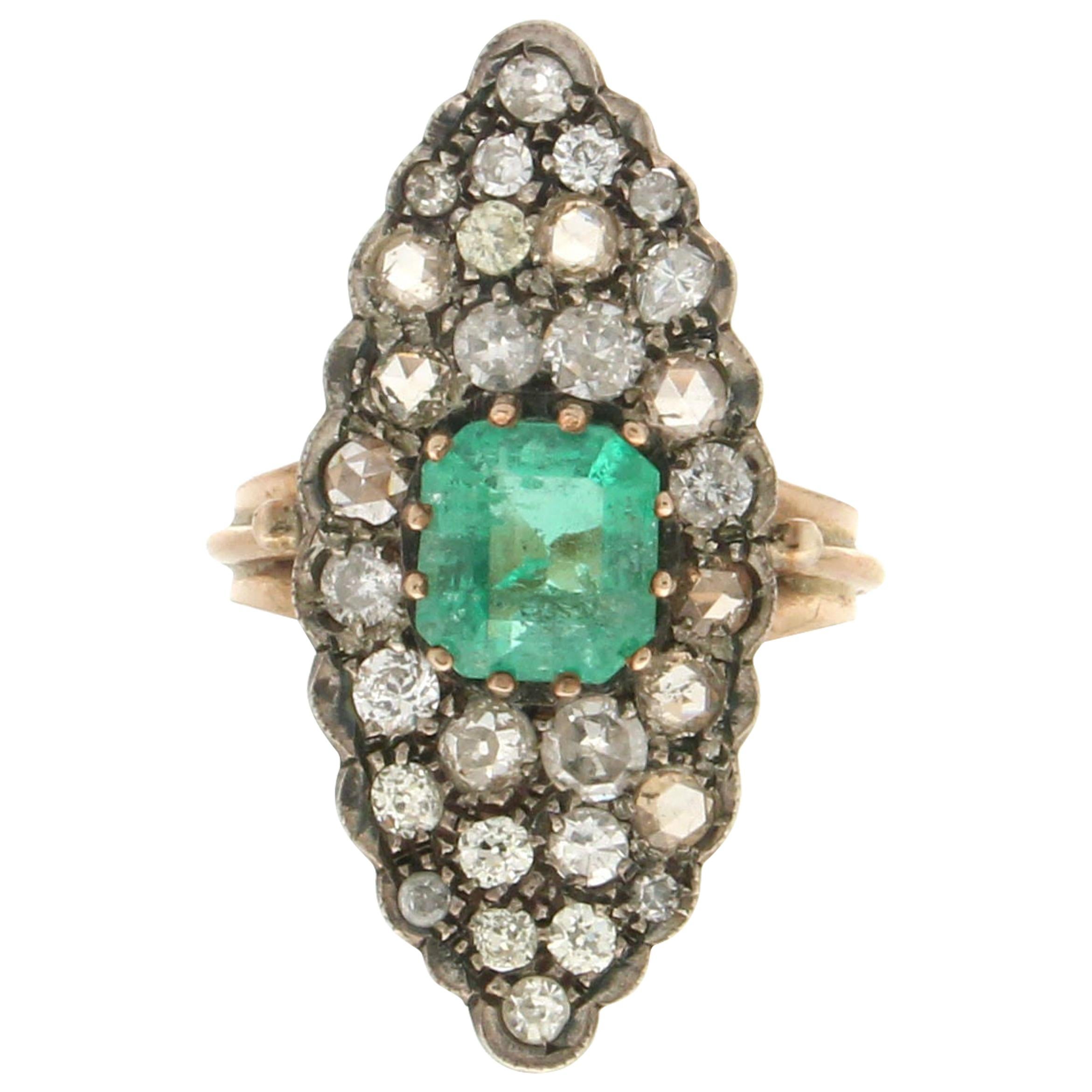 Handcraft Colombian Emerald 14 Karat Yellow Gold Old Diamonds Cocktail Ring For Sale