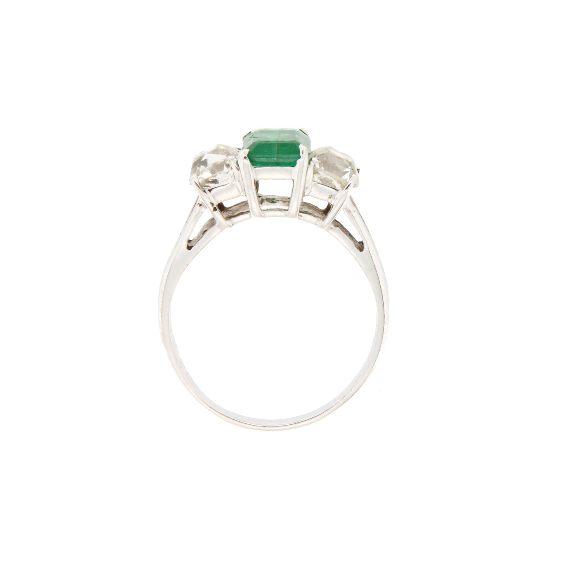 Emerald Cut Handcraft Colombian Emerald 18 Karat White Gold Diamonds Cocktail Ring For Sale