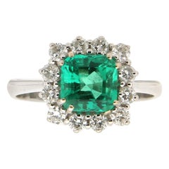 Esmeralda Colombiana Artesanal Oro Blanco 18 Kilates Diamantes Anillo de Cóctel