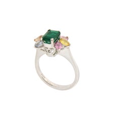 Handcraft Colombian Emerald 18 Karat White Gold Sapphires Cocktail Ring