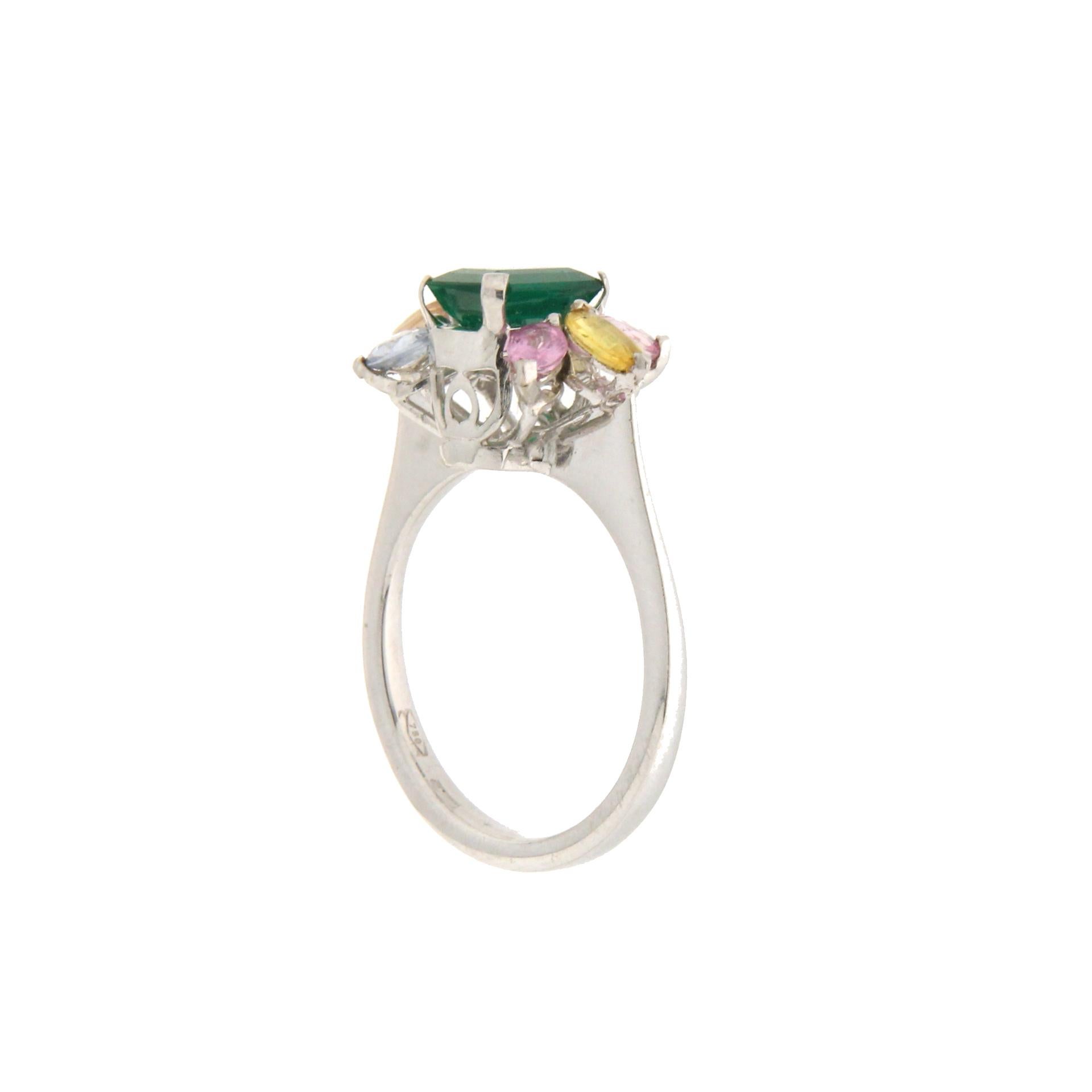 Artisan Handcraft Colombian Emerald 18 Karat White Gold Sapphires Cocktail Ring For Sale
