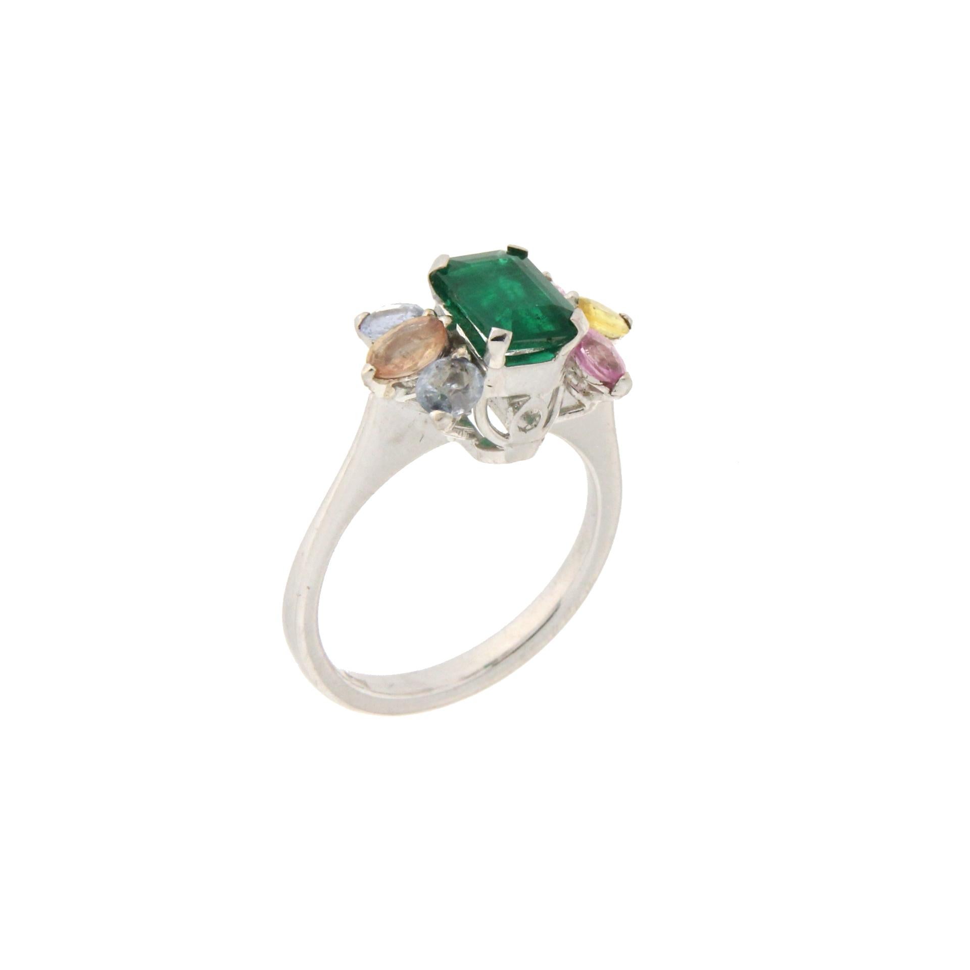 Emerald Cut Handcraft Colombian Emerald 18 Karat White Gold Sapphires Cocktail Ring For Sale