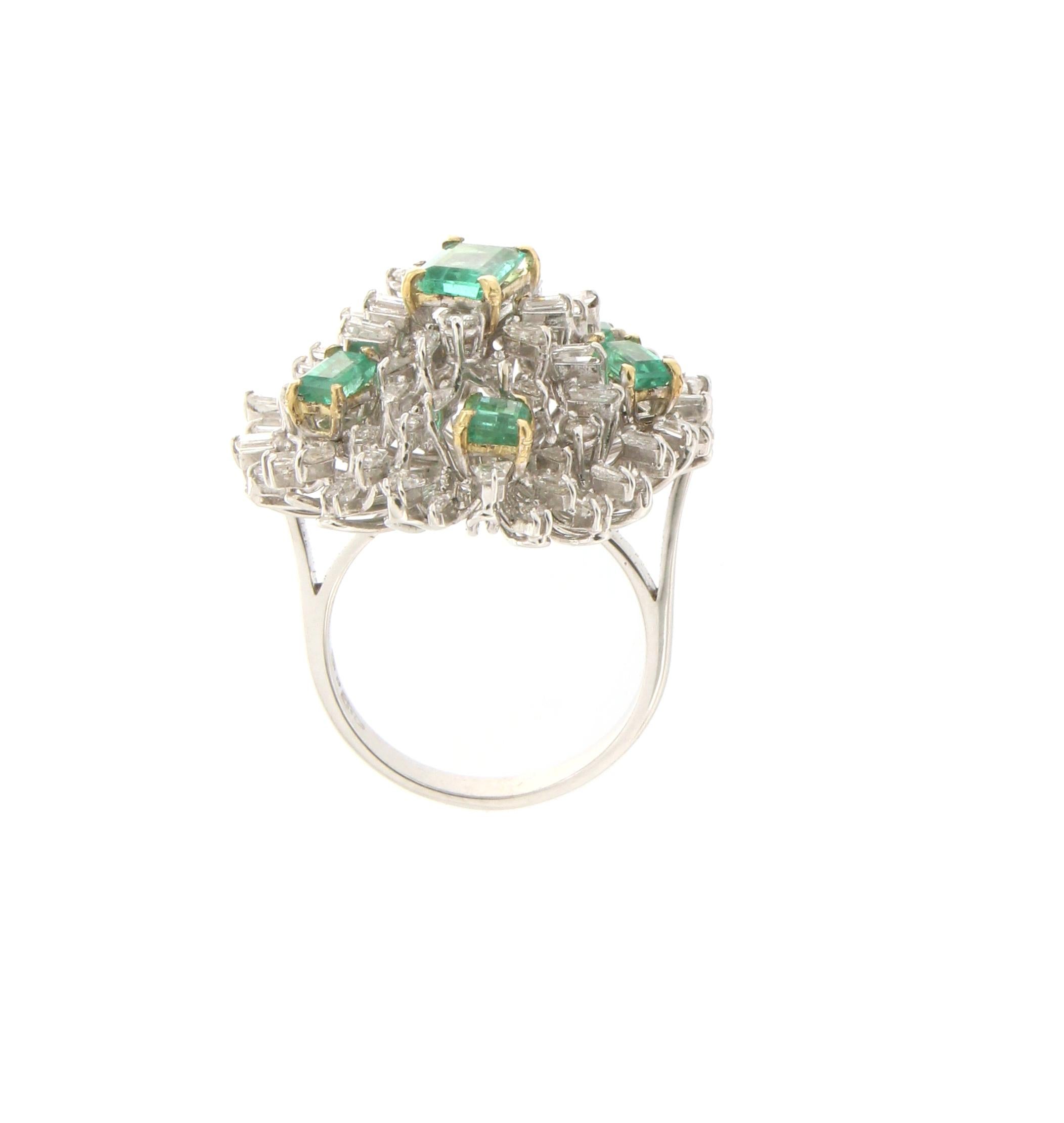 Artisan Handcraft Colombian Emeralds 18 Karat White Gold Diamonds Cocktail Ring For Sale
