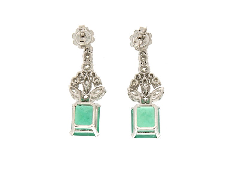 Emerald Cut Handcraft Colombian Emeralds 18 Karat White Gold Diamonds Drop Earrings For Sale