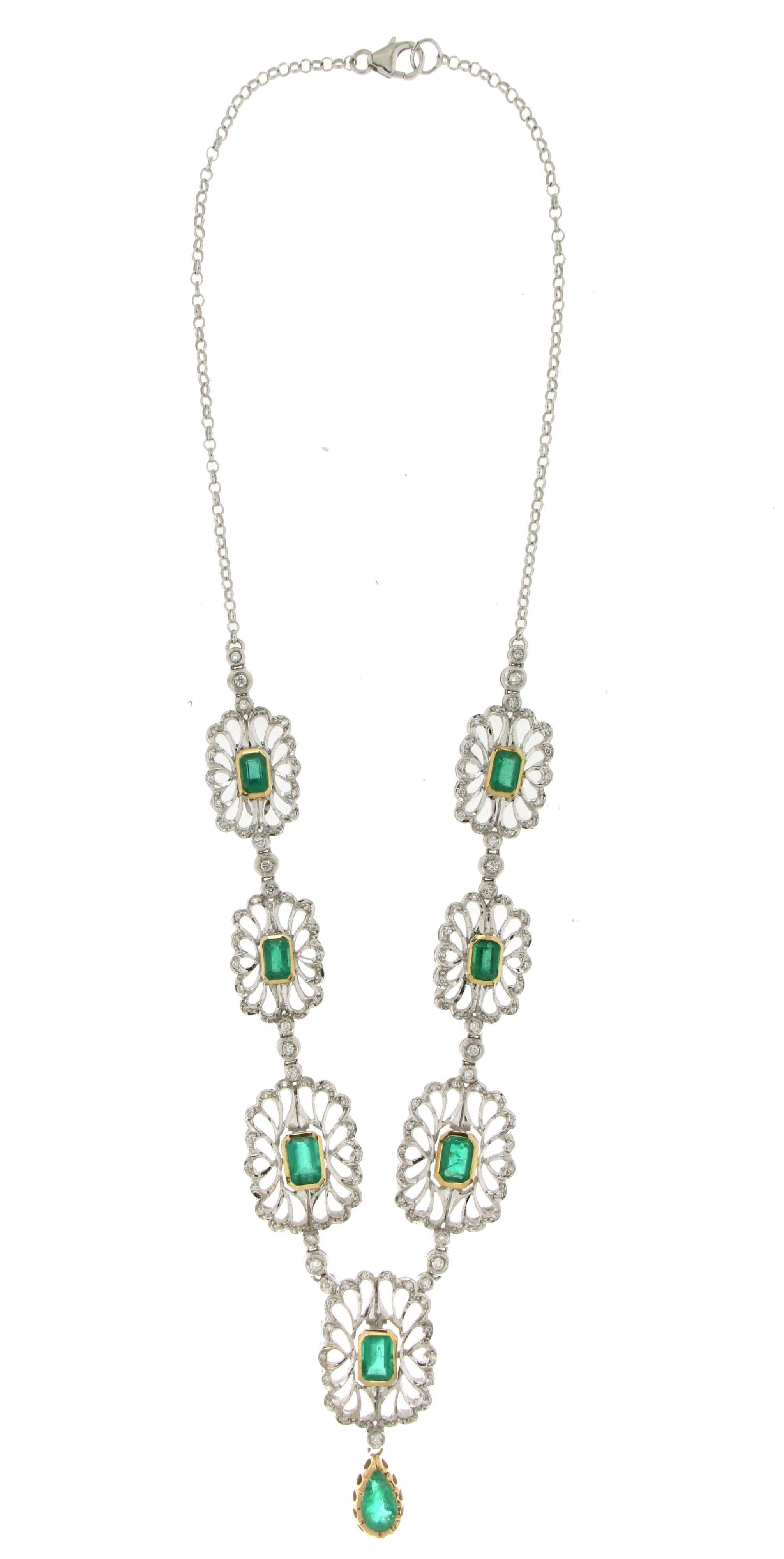 Mixed Cut Handcraft Colombian Emeralds 18 Karat White Gold Diamonds Drop Necklace