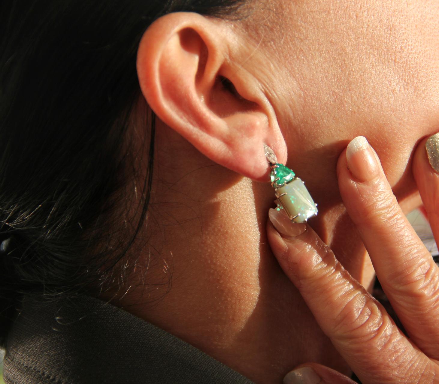 Handcraft Colombian Emeralds 18 Karat White Gold Diamonds Opal Drop Earrings For Sale 4