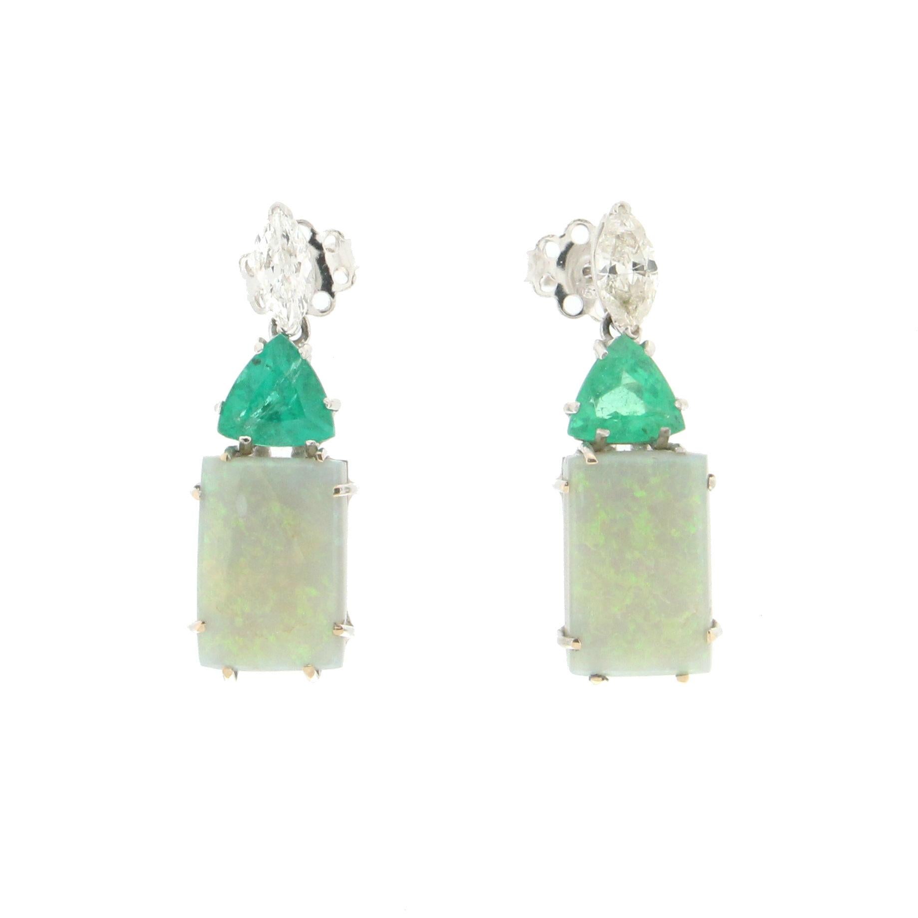 Artisan Handcraft Colombian Emeralds 18 Karat White Gold Diamonds Opal Drop Earrings For Sale
