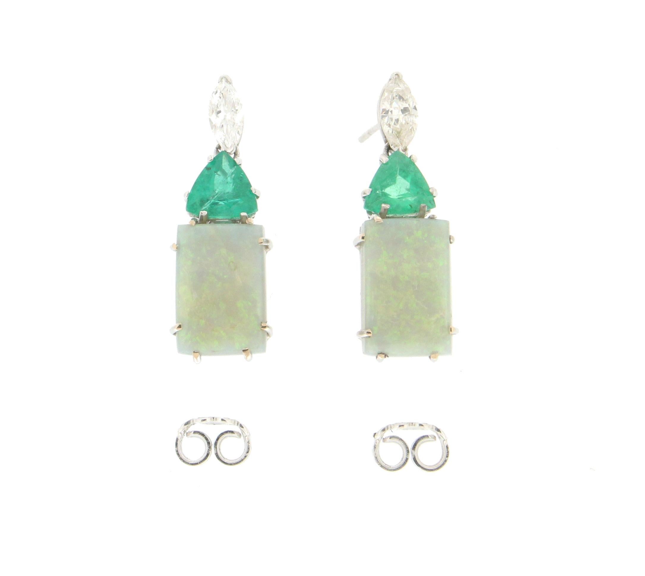 Marquise Cut Handcraft Colombian Emeralds 18 Karat White Gold Diamonds Opal Drop Earrings For Sale