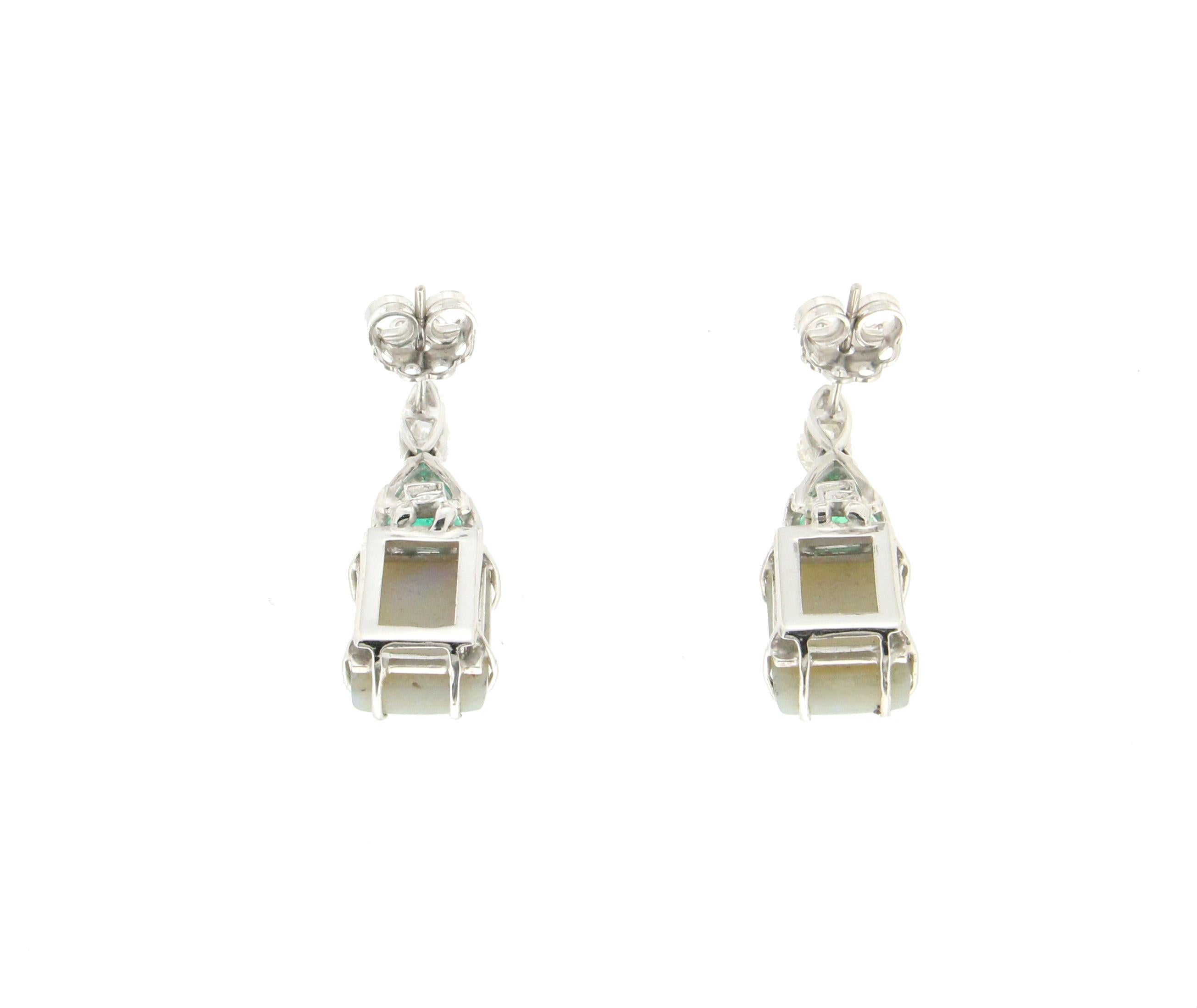 Handcraft Colombian Emeralds 18 Karat White Gold Diamonds Opal Drop Earrings For Sale 1