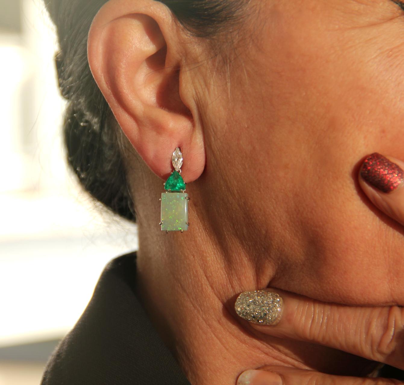 Handcraft Colombian Emeralds 18 Karat White Gold Diamonds Opal Drop Earrings For Sale 2