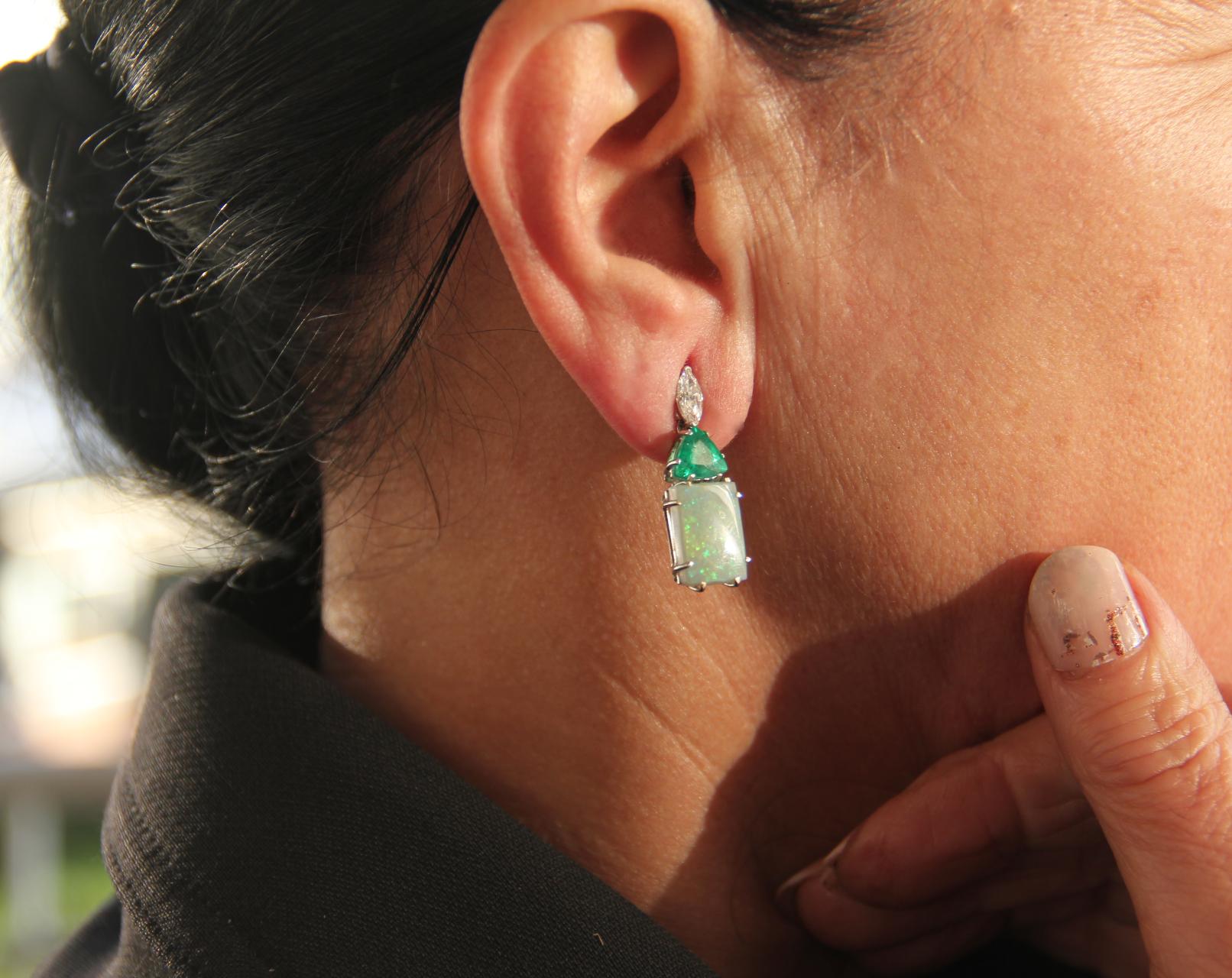 Handcraft Colombian Emeralds 18 Karat White Gold Diamonds Opal Drop Earrings For Sale 3