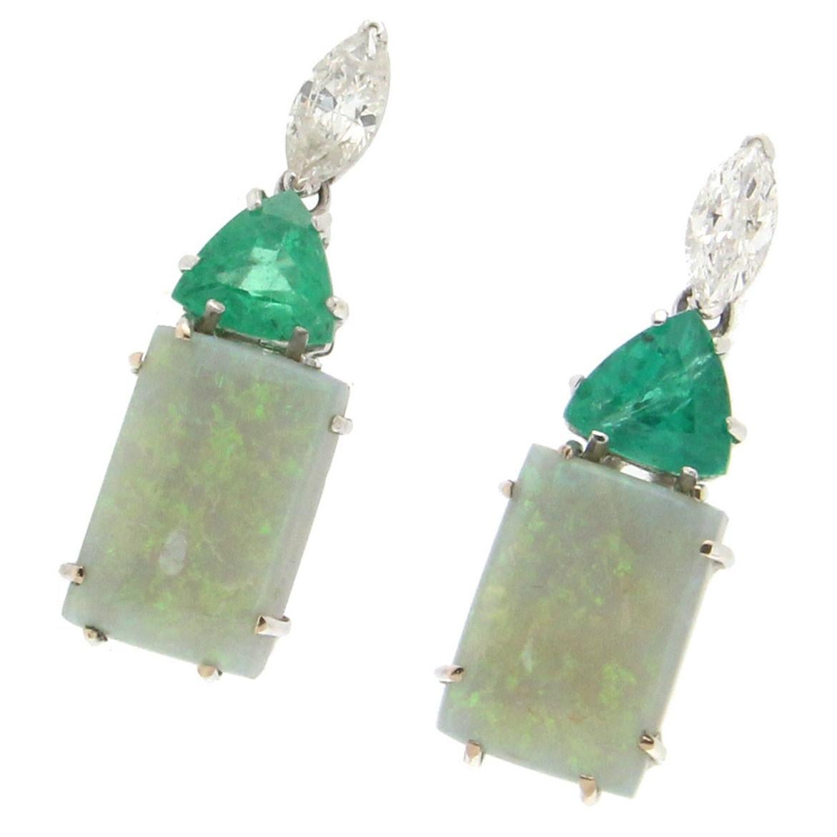 Handcraft Colombian Emeralds 18 Karat White Gold Diamonds Opal Drop Earrings
