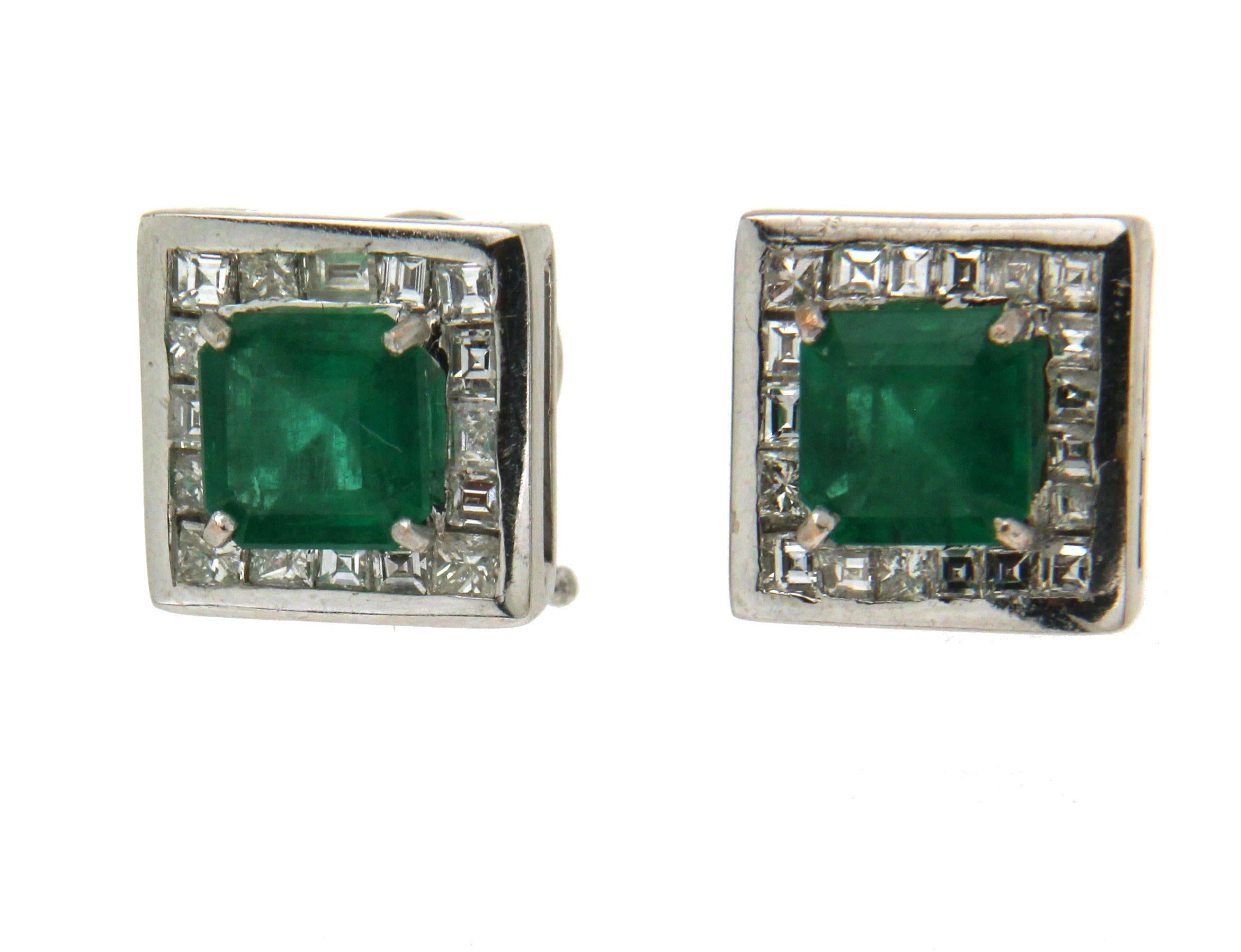 Women's or Men's Handcraft Colombian Emeralds 18 Karat White Gold Diamonds Stud Earrings For Sale