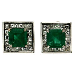 Handcraft Colombian Emeralds 18 Karat White Gold Diamonds Stud Earrings