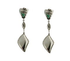 Contemporary Colombian Cabochon Emerald & Diamond Drop Earrings 18K White Gold