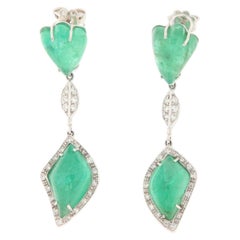 Contemporary Colombian Cabochon Emerald & Diamond Drop Earrings 18K White Gold