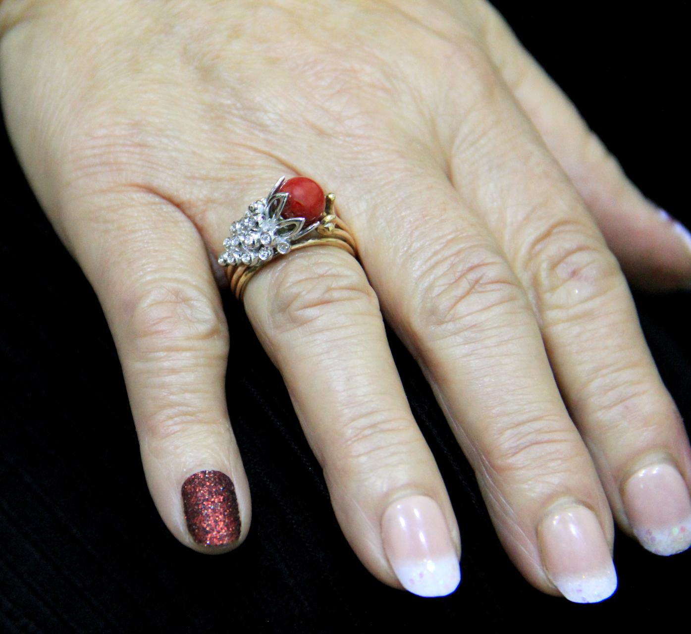 Handcraft Coral 14 Karat Yellow and White Gold Diamonds Cocktail Ring 7