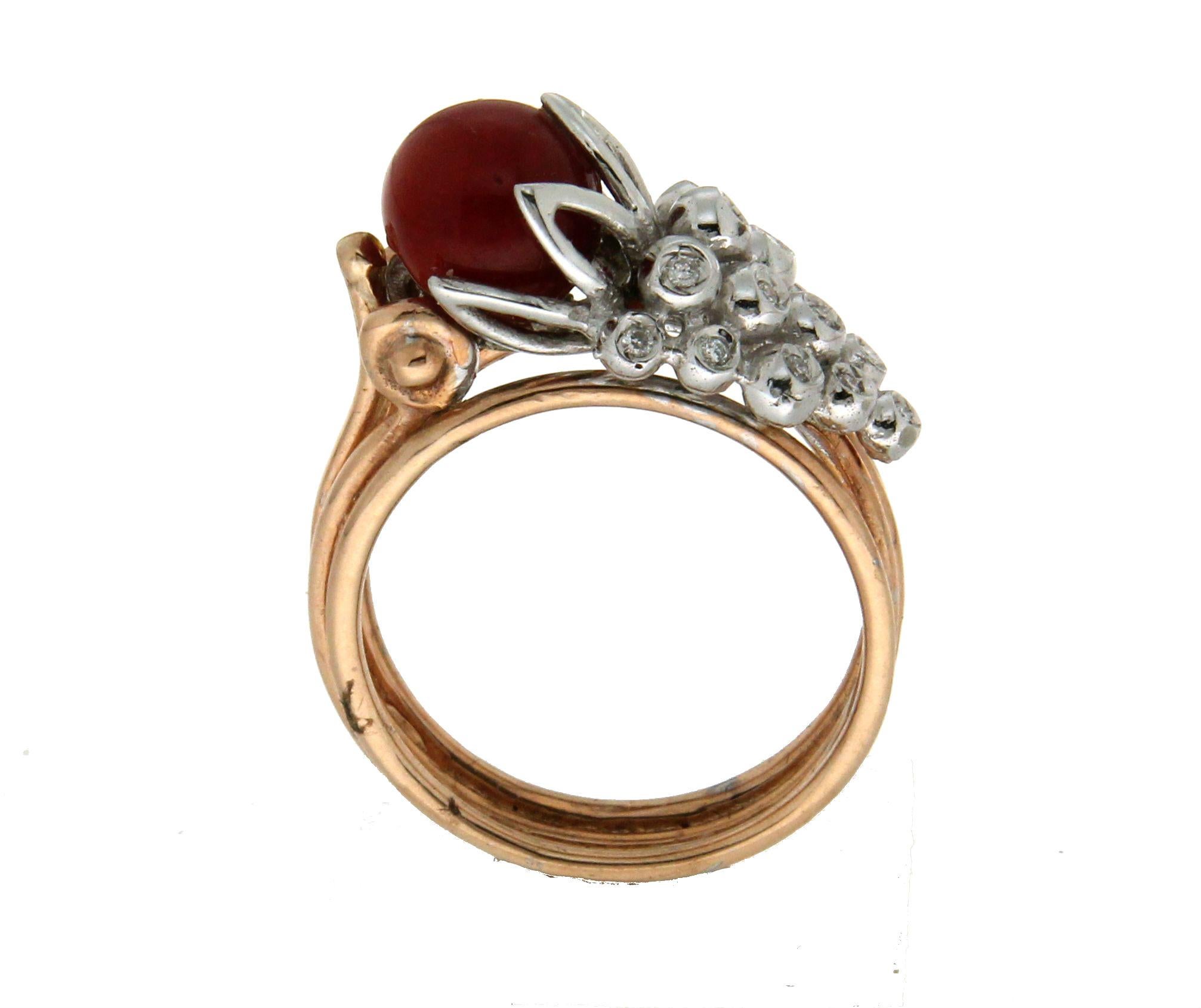 Artisan Handcraft Coral 14 Karat Yellow and White Gold Diamonds Cocktail Ring