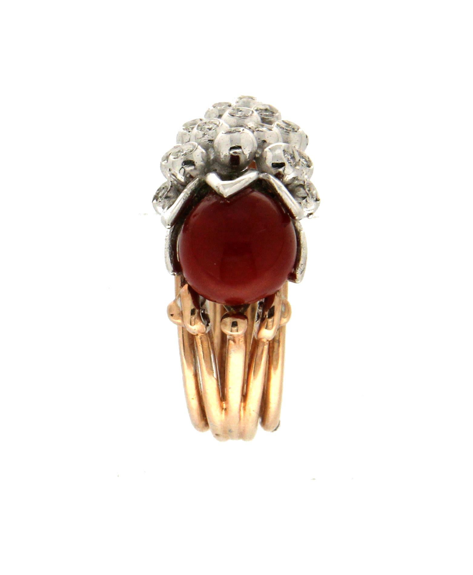 Brilliant Cut Handcraft Coral 14 Karat Yellow and White Gold Diamonds Cocktail Ring