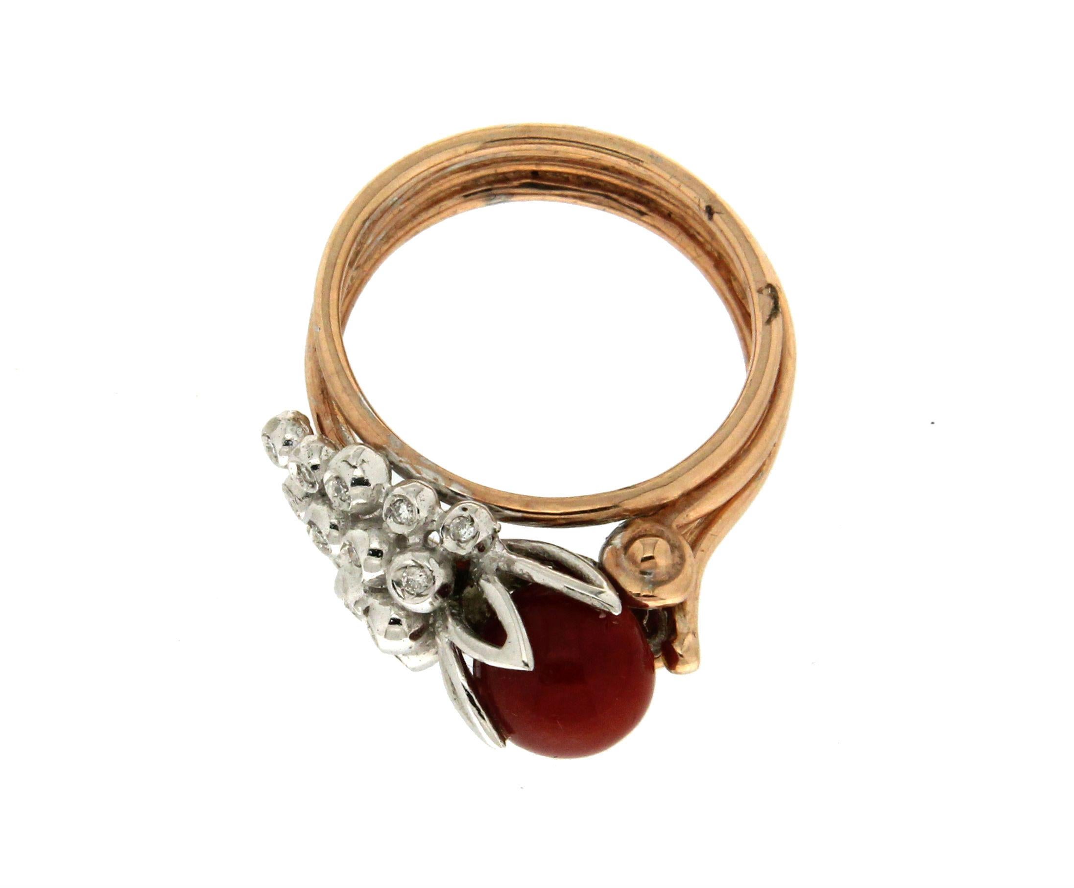 Handcraft Coral 14 Karat Yellow and White Gold Diamonds Cocktail Ring In New Condition In Marcianise, IT