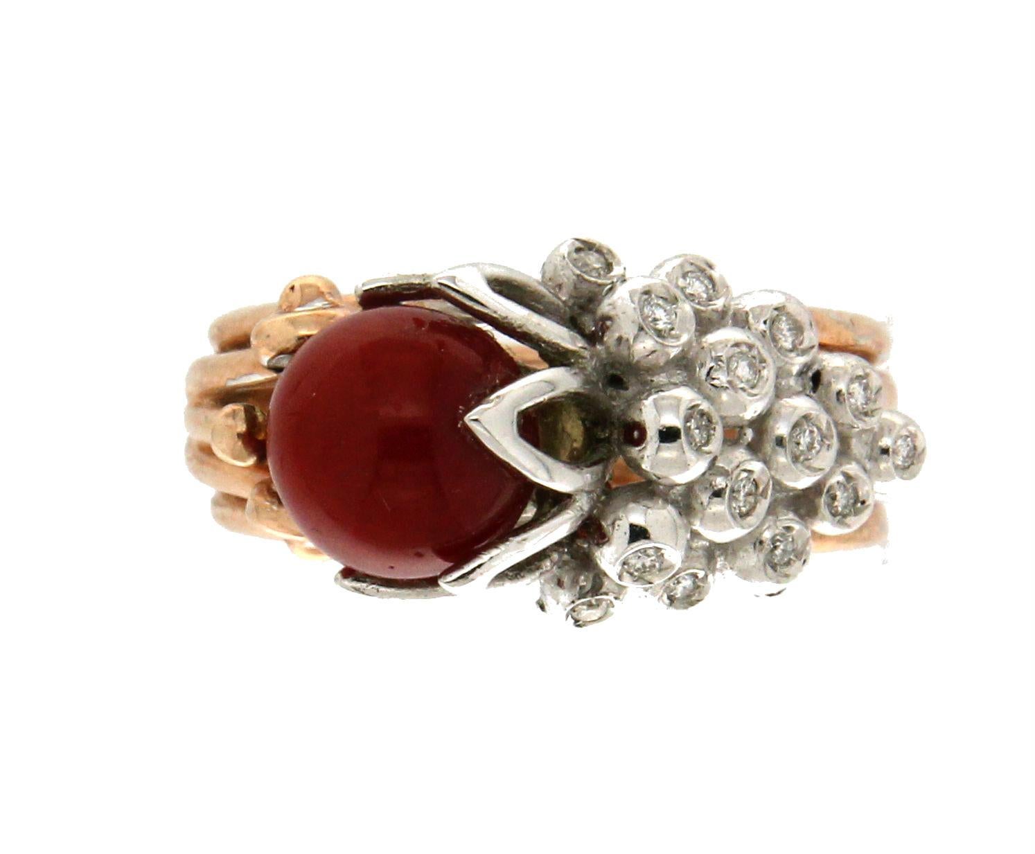 Women's or Men's Handcraft Coral 14 Karat Yellow and White Gold Diamonds Cocktail Ring