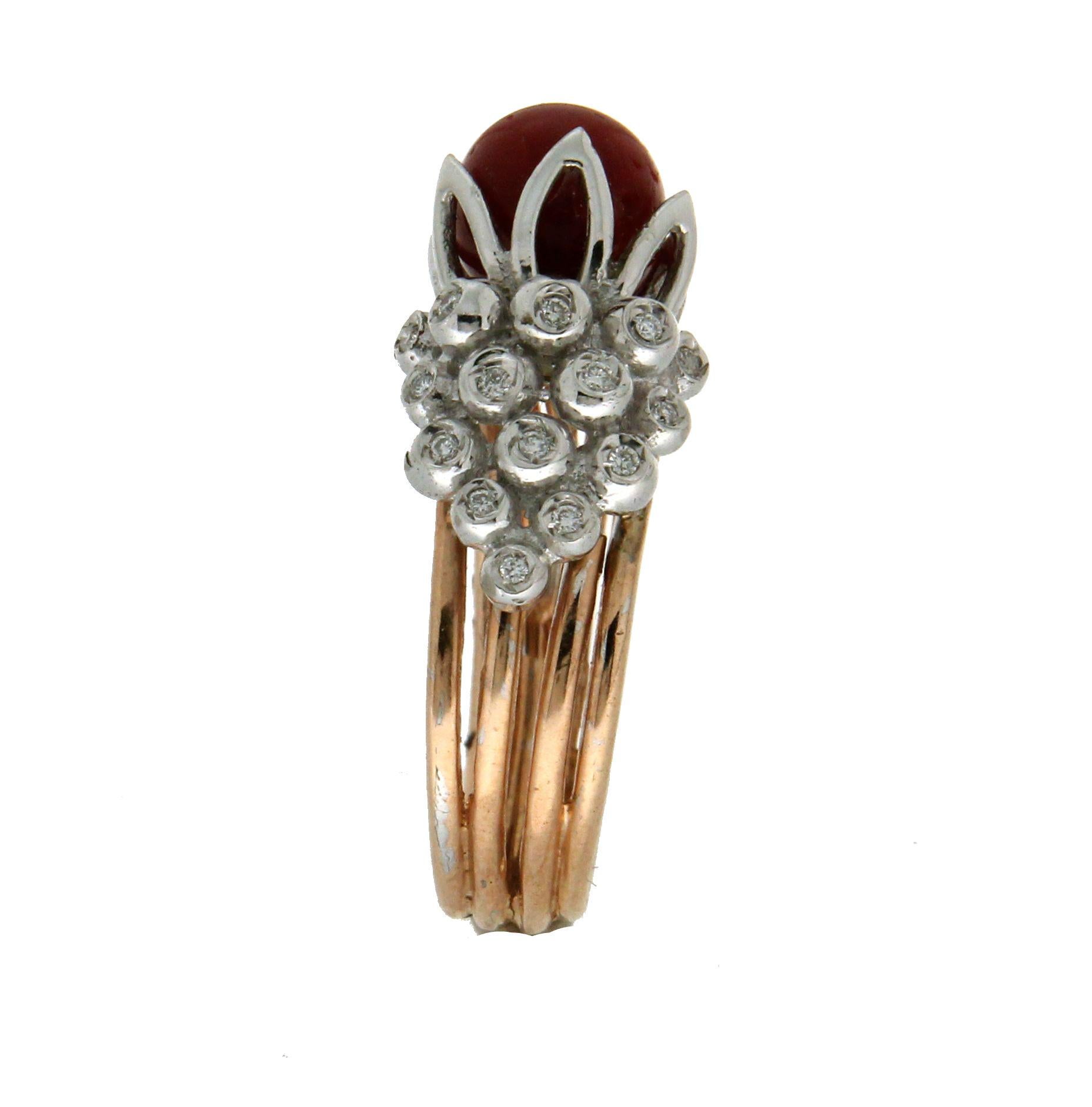 Handcraft Coral 14 Karat Yellow and White Gold Diamonds Cocktail Ring 1