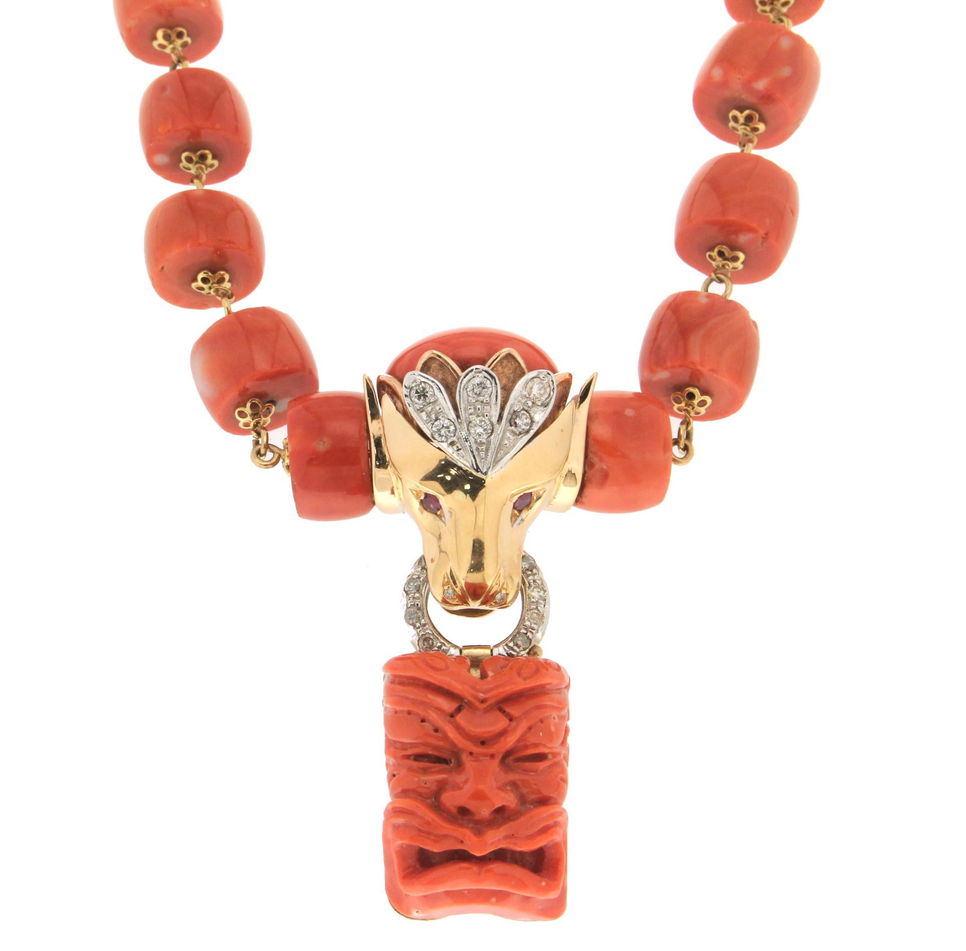 Brilliant Cut Handcraft Coral 14 Karat Yellow and White Gold Diamonds Pendant Necklace For Sale