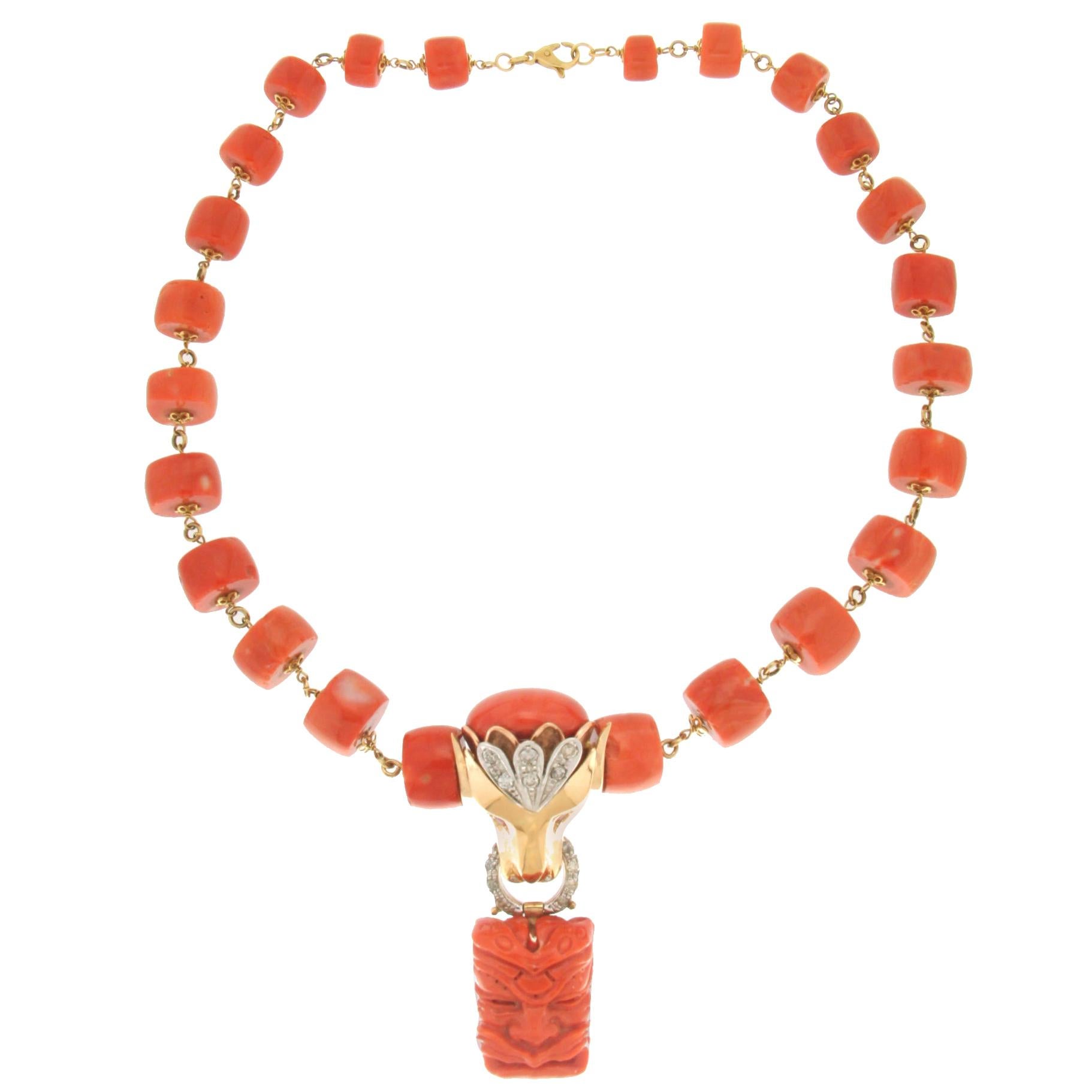 Collier pendentif corail en or jaune et blanc 14 carats avec diamants Handcraft