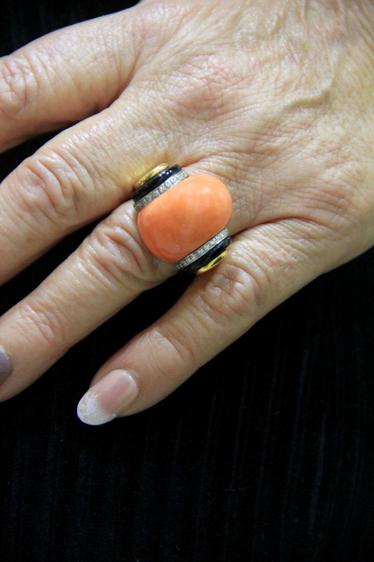 Handcraft Coral 14 Karat Yellow and White Gold Onyx Diamonds Cocktail Ring For Sale 7