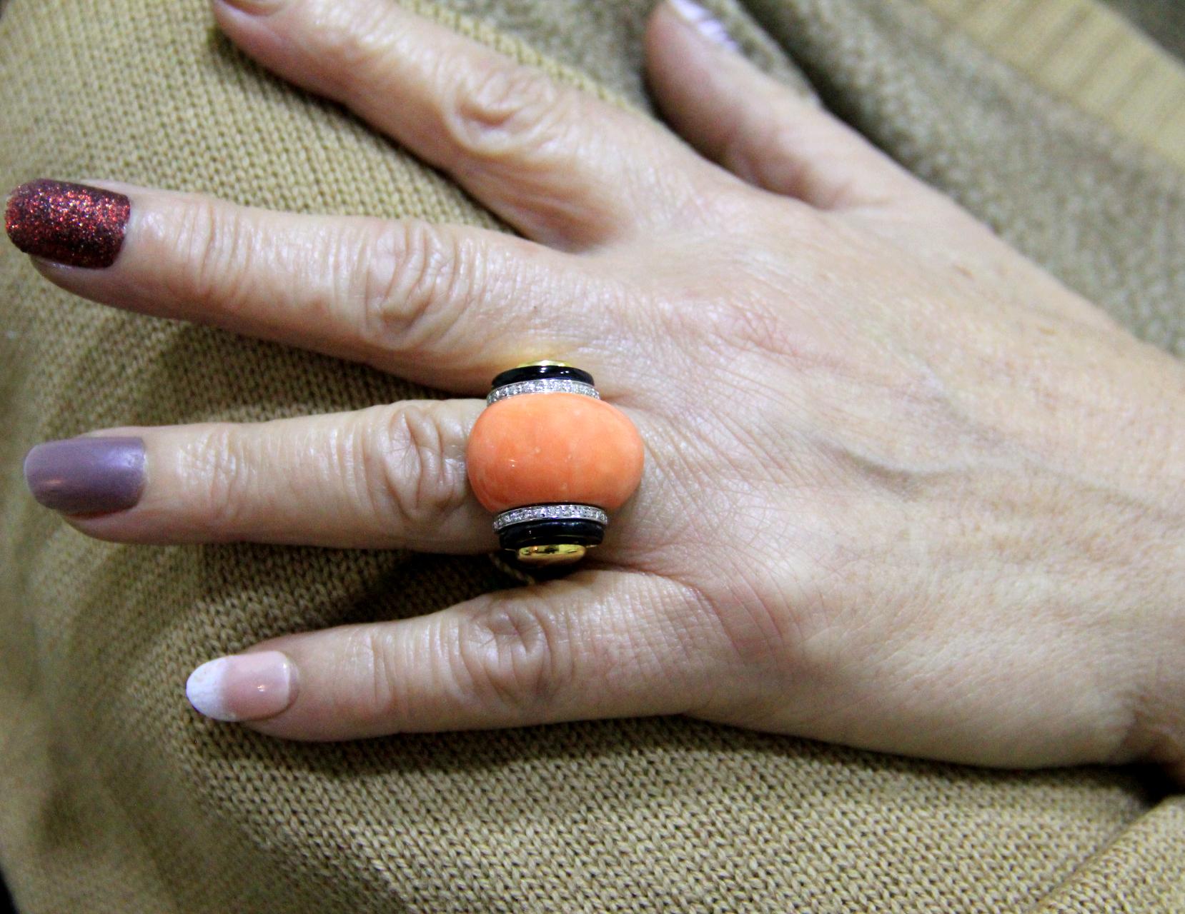 Handcraft Coral 14 Karat Yellow and White Gold Onyx Diamonds Cocktail Ring For Sale 8