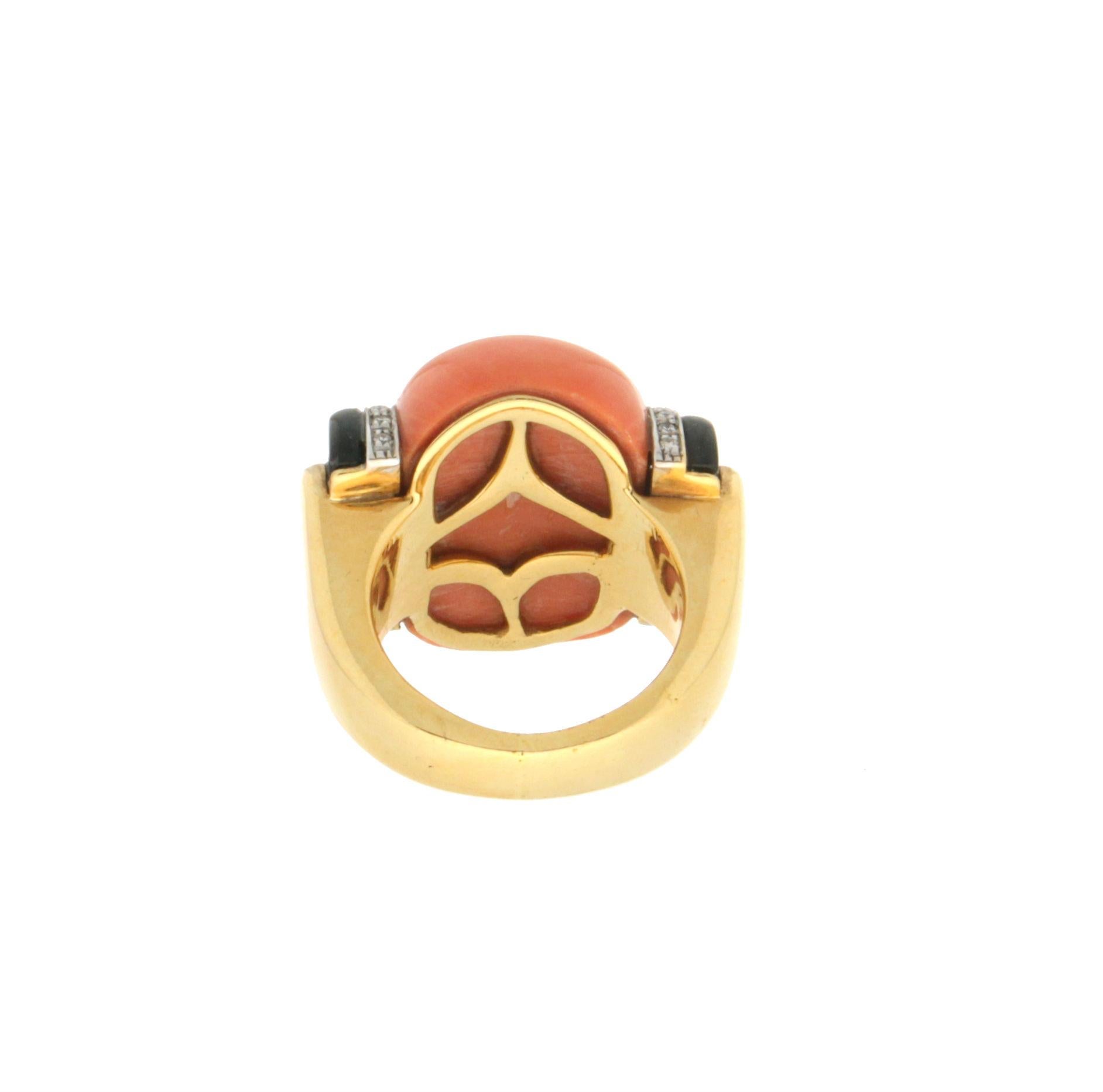 Women's or Men's Handcraft Coral 14 Karat Yellow and White Gold Onyx Diamonds Cocktail Ring For Sale