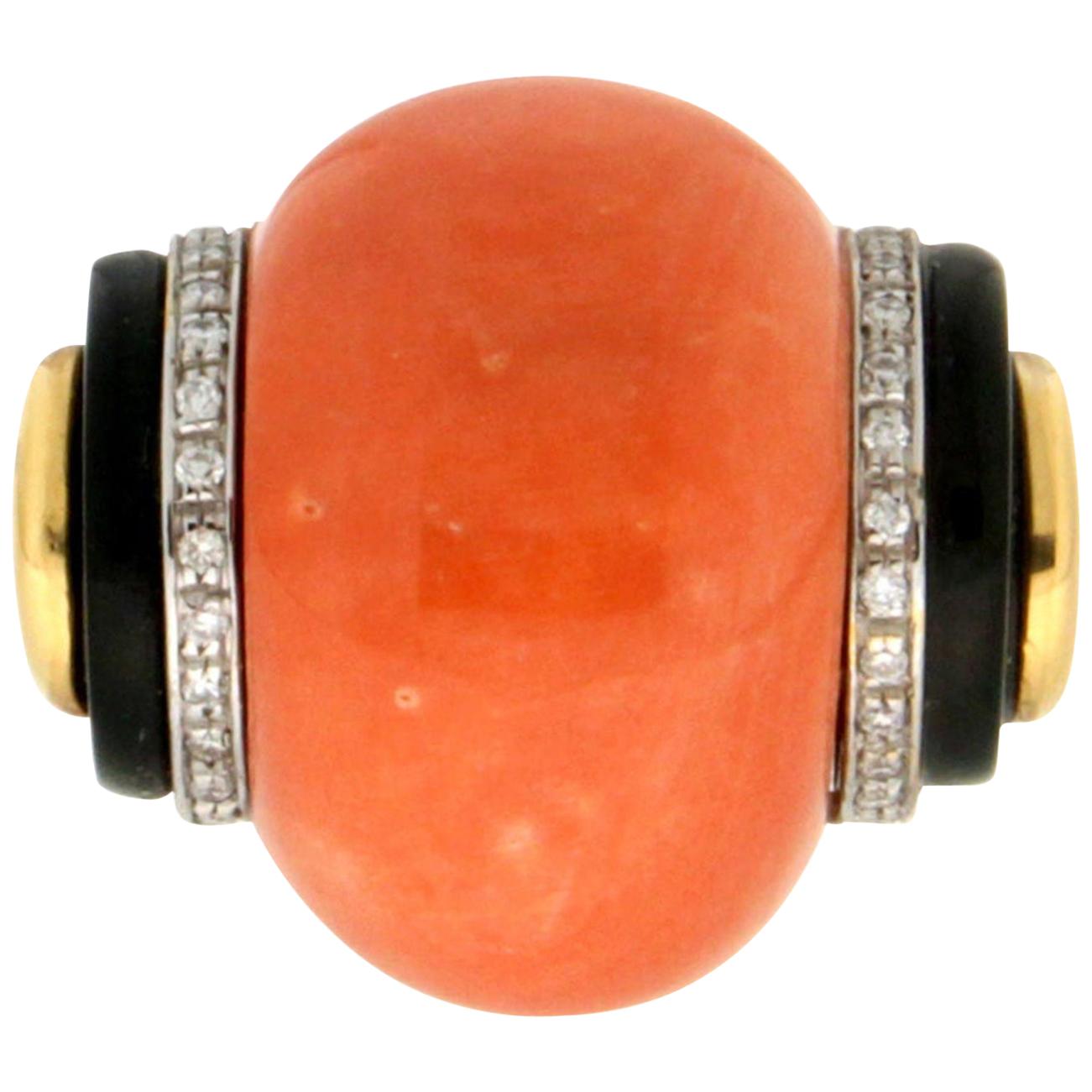 Handcraft Coral 14 Karat Yellow and White Gold Onyx Diamonds Cocktail Ring For Sale