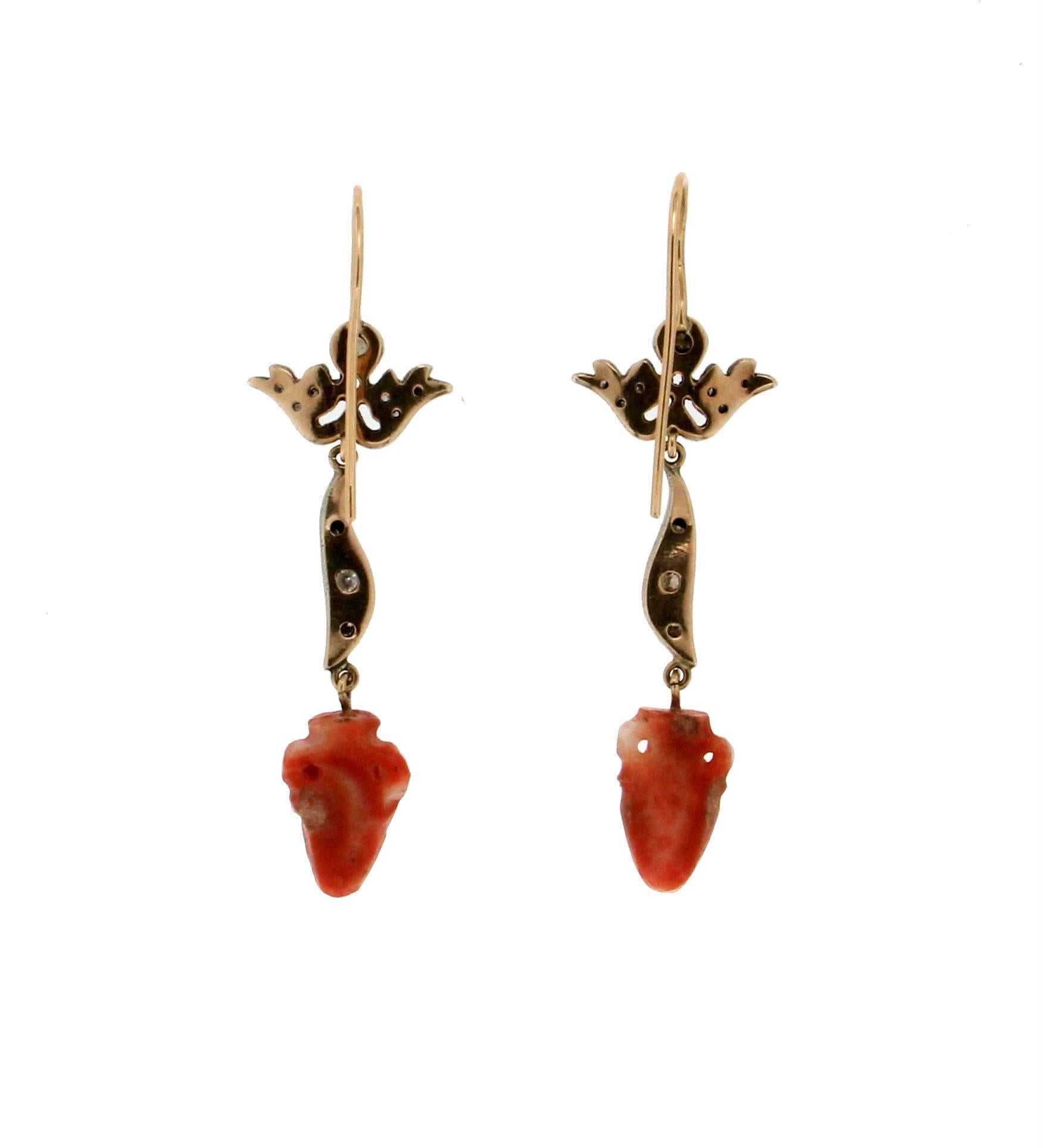 Artisan Handcraft Coral 14 Karat Yellow Gold and Silver Diamonds Drop Earrings For Sale