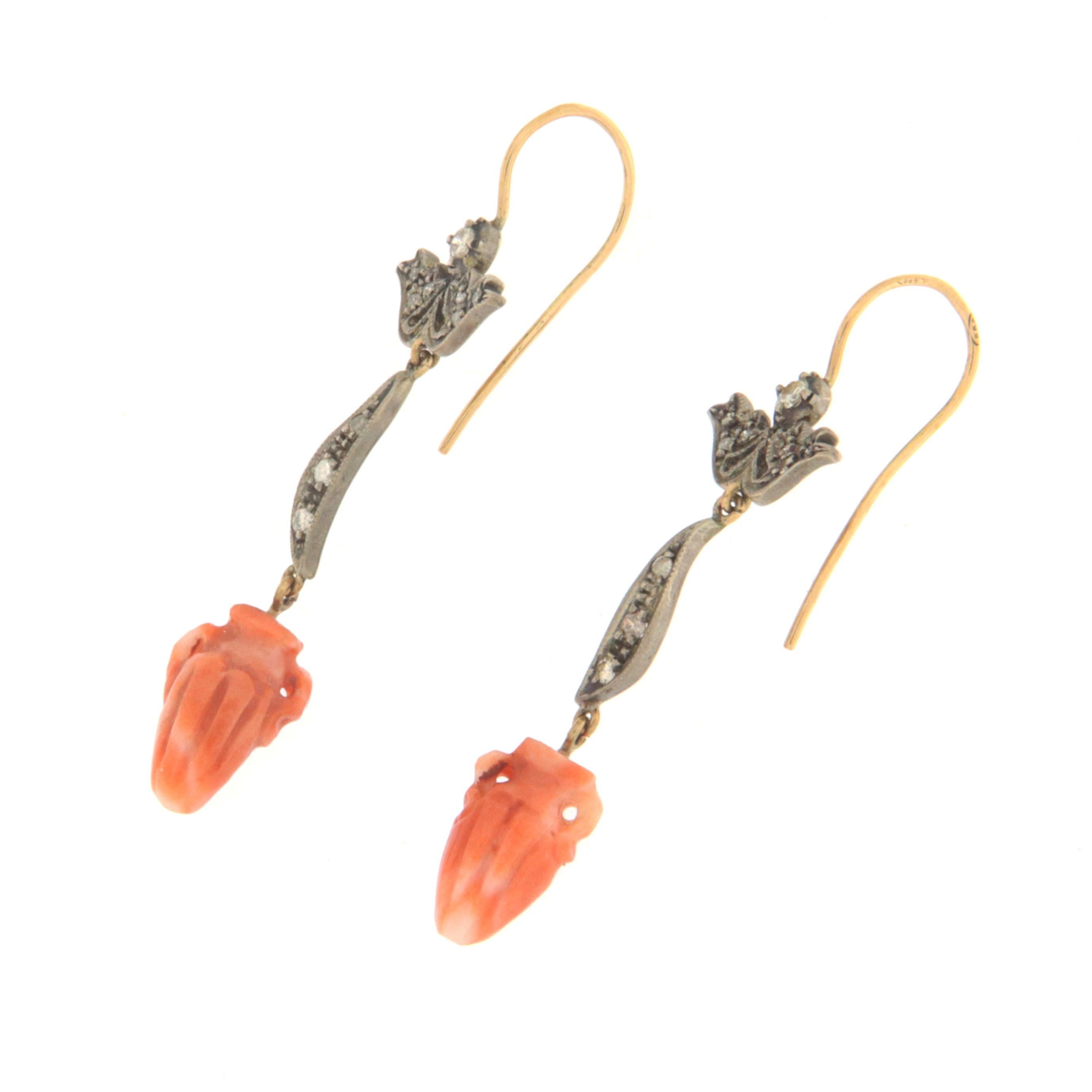 Women's Handcraft Coral 14 Karat Yellow Gold and Silver Diamonds Drop Earrings For Sale