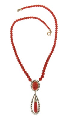 Handcraft Coral 14 Karat Yellow Gold and Silver Diamonds Pendant Necklace