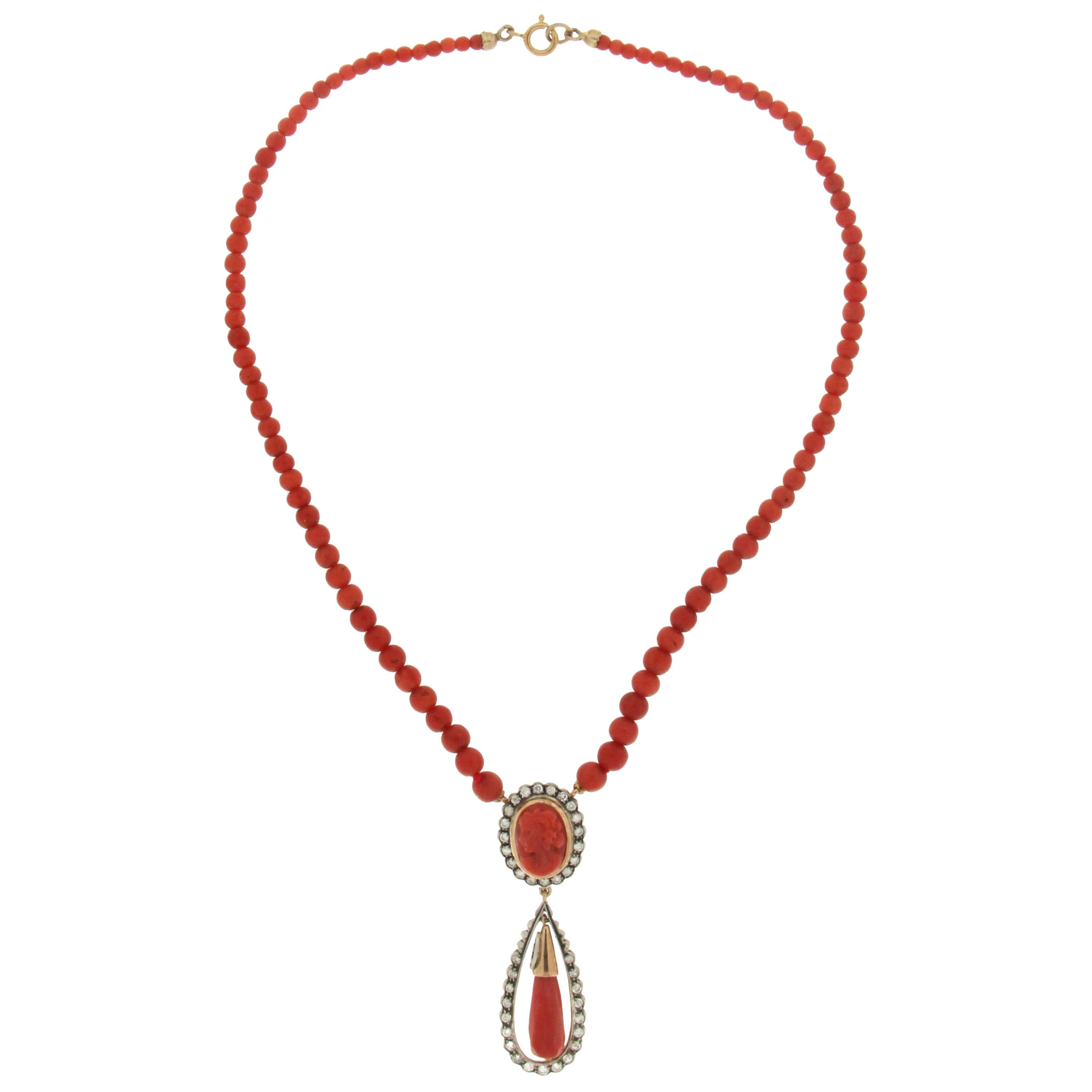 Handcraft Coral 14 Karat Yellow Gold and Silver Diamonds Pendant Necklace For Sale