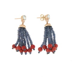 Handcraft Coral 14 Karat Yellow Gold Aquamarine Sapphires Diamonds Drop Earrings