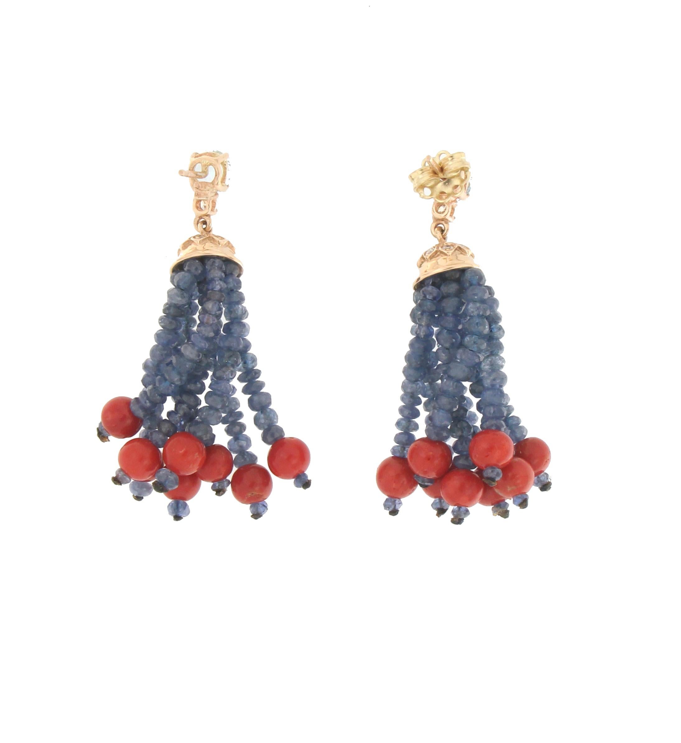 Artisan Handcraft Coral 14 Karat Yellow Gold Aquamarine Sapphires Diamonds Drop Earrings For Sale