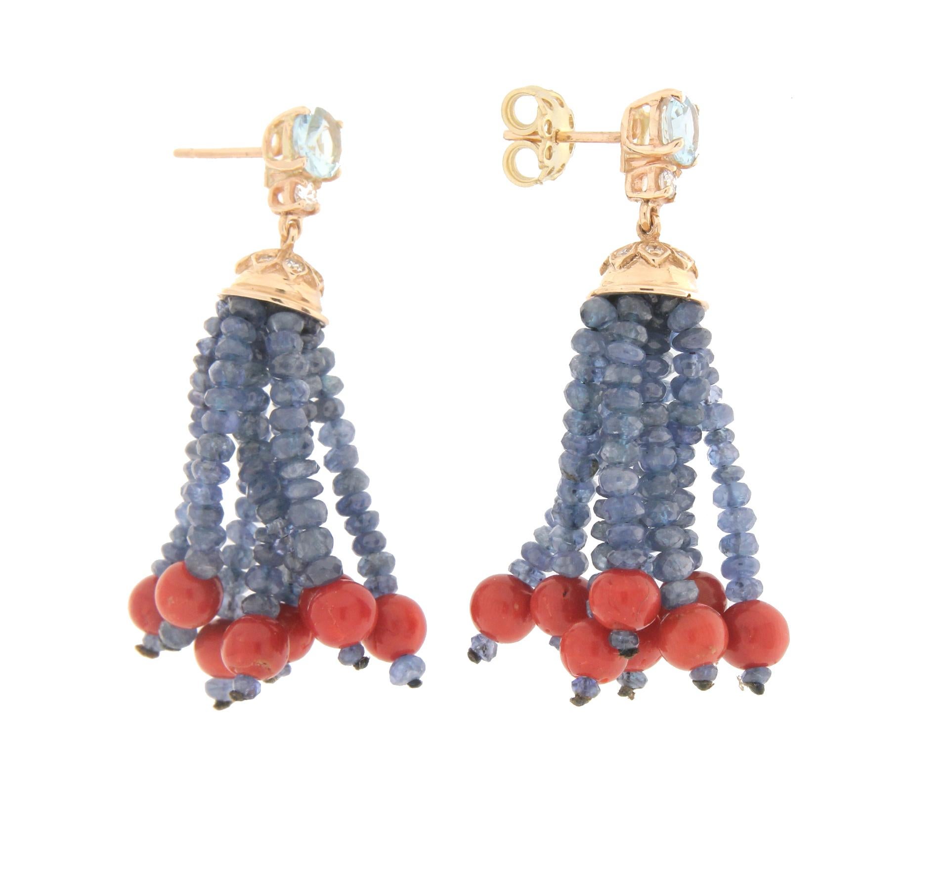 Brilliant Cut Handcraft Coral 14 Karat Yellow Gold Aquamarine Sapphires Diamonds Drop Earrings For Sale