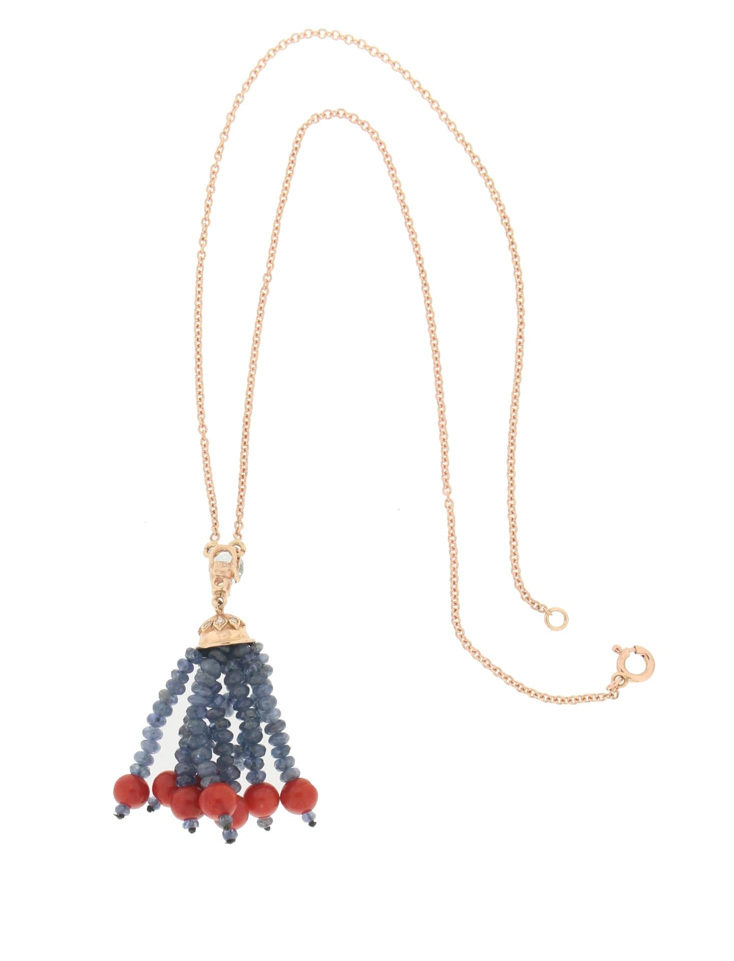Artisan Handcraft Coral 14 Karat Yellow Gold Aquamarine Sapphires Diamonds Drop Necklace For Sale