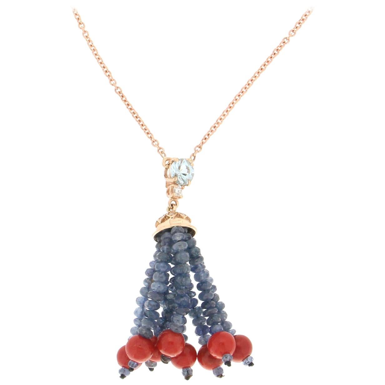 Handcraft Coral 14 Karat Yellow Gold Aquamarine Sapphires Diamonds Drop Necklace For Sale