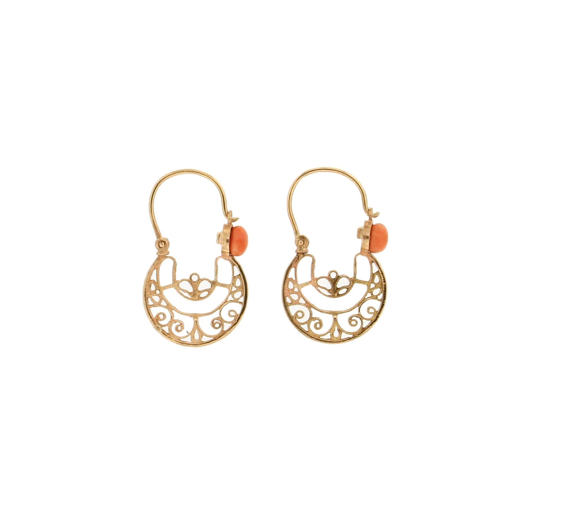 Mixed Cut Handcraft Coral 14 Karat Yellow Gold Dangle Earrings For Sale