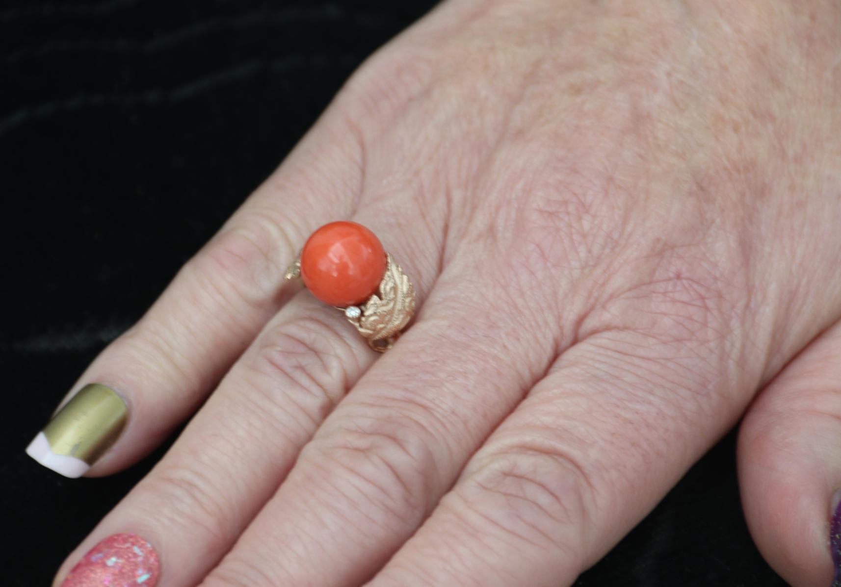 Handcraft Coral 14 Karat Yellow Gold Diamonds Cocktail Ring For Sale 7