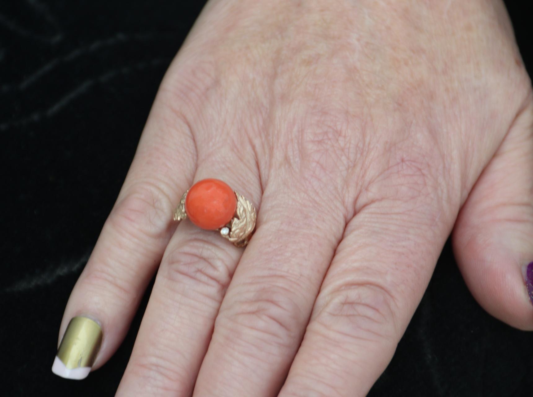 Handcraft Coral 14 Karat Yellow Gold Diamonds Cocktail Ring For Sale 8