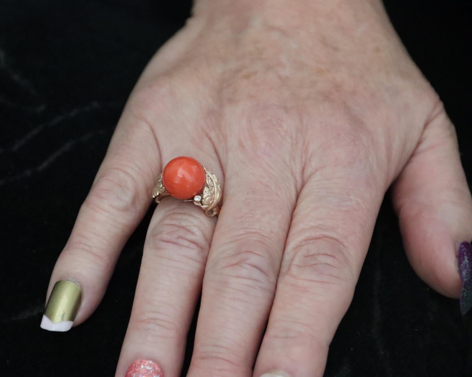 Handcraft Coral 14 Karat Yellow Gold Diamonds Cocktail Ring For Sale 9